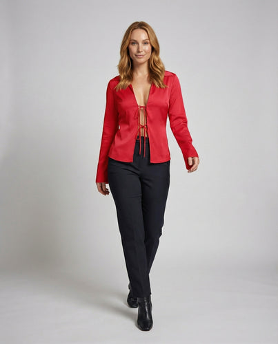 Damen nan Blusenjacke im Satin-Look mit tiefem V-Ausschnitt, dekorativen Bindebändern vorn und ausgestellten Manschetten R&B