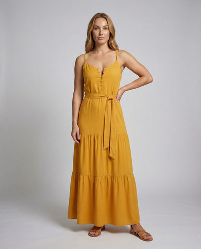 Damen nan bodenlanges Sommermaxikleid mit verstellbaren Spaghettiträgern V-Ausschnitt und taillierendem Bindegürtel R&B