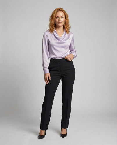 Damen nan drapierte Satin-Hemdbluse mit Wasserfall-Ausschnitt, klassischem Kragen und schmalen Manschetten R&B