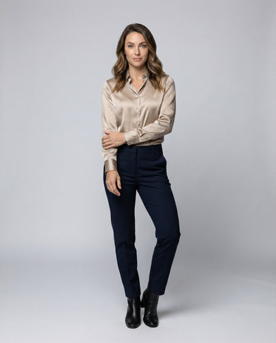 Damen nan elegante Satin-Hemdbluse mit V-Ausschnitt, feiner Knopfleiste und taillierter Passform R&B