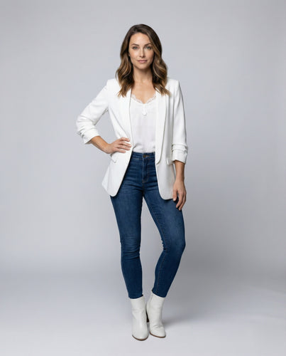Damen nan eleganter Langblazer mit Schalkragen und aufgekrempelten Ärmeln sowie Pattentaschen R&B