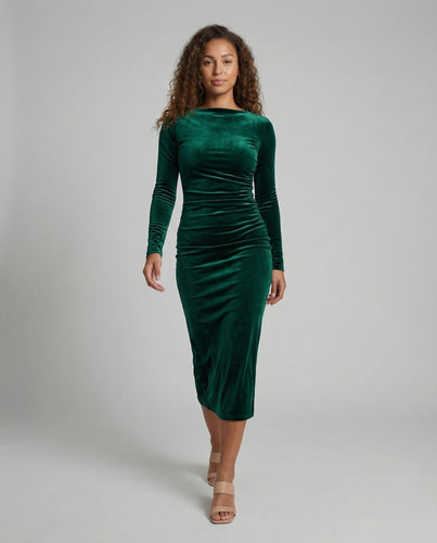 Damen nan elegantes Samt-Midikleid figurbetont mit Boot-Ausschnitt langen Ärmeln und taillierter Raffung R&B