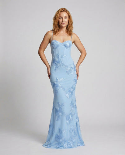 Damen nan figurbetontes Meerjungfrauen-Abendkleid mit Bügel‑Corsage, Spaghettiträgern und floraler dreidimensionaler Stickerei R&B