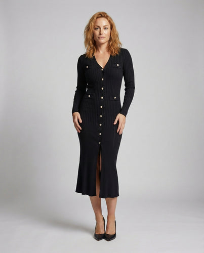 Damen nan figurbetontes Midikleid aus elastischem Rippstrick mit V-Ausschnitt, durchgehender Knopfleiste und ausgestelltem Volantsaum R&B