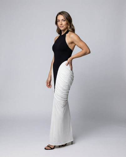 Damen nan figurbetontes Neckholder-Maxikleid mit gerafften Seiteneinsätzen, offenem Rücken und hohem Frontschlitz R&B