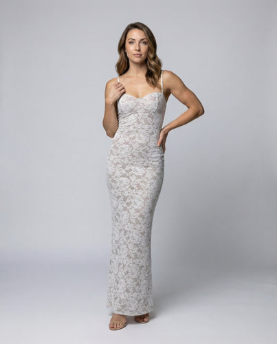 Damen nan figurbetontes Spitzen-Mermaid-Abendkleid mit herzförmigem Ausschnitt und verstellbaren Spaghettiträgern R&B