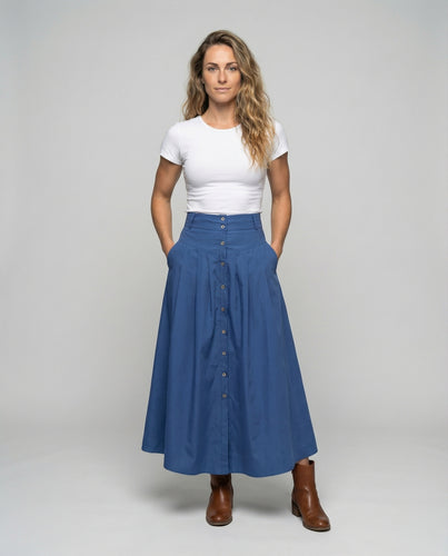 Damen nan fließender Maxirock im Boho-Stil mit durchgehender Knopfleiste, hohem Taillenbund und praktischen Eingrifftaschen R&B
