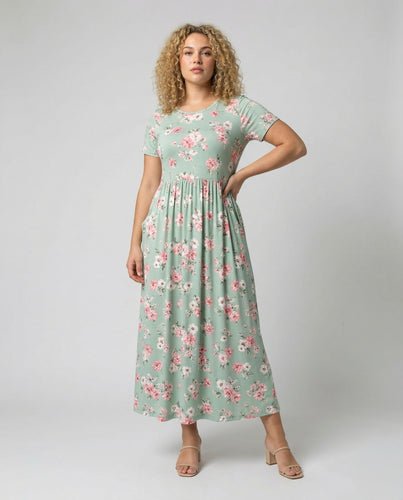 Damen nan fließendes Jersey-Maxikleid mit V-Ausschnitt, geraffter Taille und Seitentaschen R&B