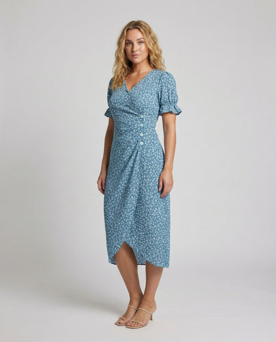 Damen nan fließendes Midikleid mit Wickeloptik V-Ausschnitt Puffärmeln und seitlicher Knopfleiste R&B