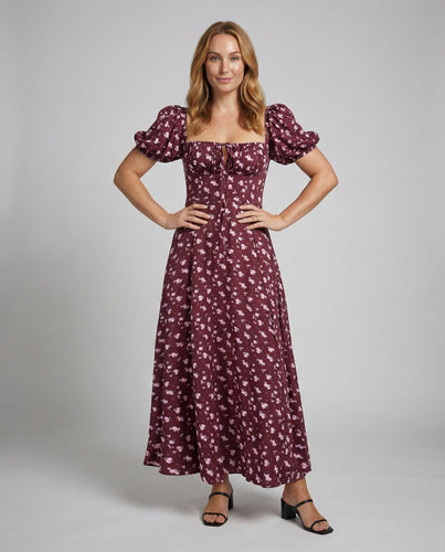 Damen nan florales Midikleid mit eckigem Bustier-Ausschnitt, Zierkordel und voluminösen Puffärmeln R&B