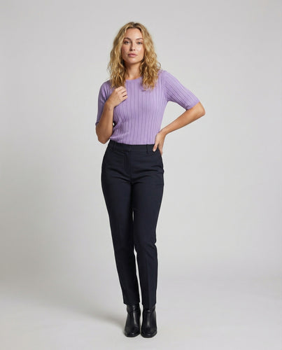 Damen nan gerippter Kurzarm-Feinstrickpullover mit Rundhalsausschnitt und leichtem Oversize-Schnitt R&B