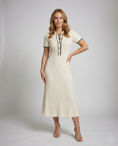Damen nan geripptes Polokleid Midilänge mit taillierter A-Linien-Silhouette, Polokragen und kontrastierender Knopfleiste R&B