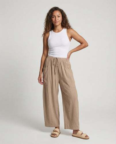 Damen nan High-Waist Leinenoptik-Hose mit elastischem Komfortbund, Tunnelzug und seitlichen Klappentaschen R&B