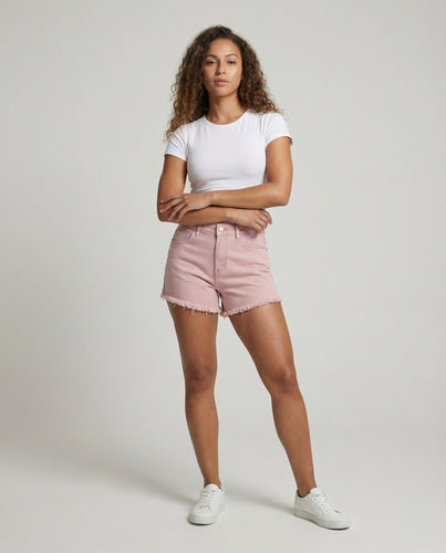 Damen nan hochgeschnittene Denim-Shorts mit ausgefranstem Doppelstufen-Saum und taillenbetonter Passform R&B