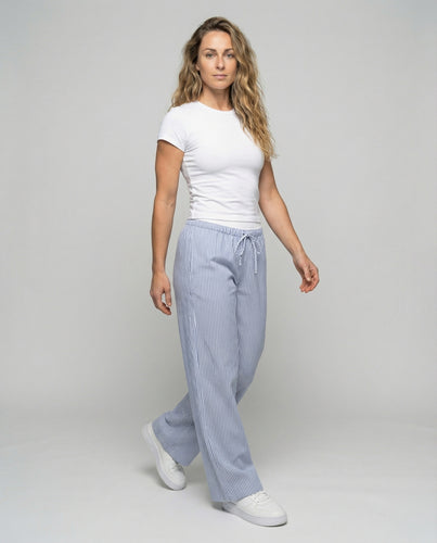 Damen nan hochgeschnittene Palazzohose im Lounge-Stil mit elastischem Komfortbund, Tunnelzug und feiner Längsstreifenstruktur R&B