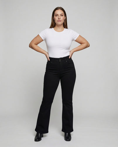 Damen nan hochgeschnittene Schlagjeans aus Stretch-Denim mit Doppelknopf und figurbetonter Oberschenkelpartie R&B