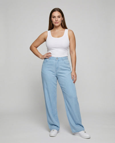 Damen nan hochgeschnittene weite Denimhose mit Plissee, elastischem Bund und wärmendem Teddyfutter R&B