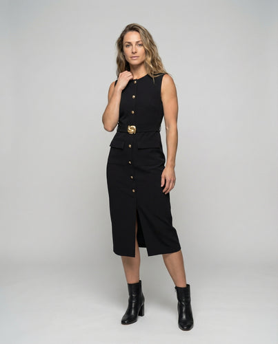 Damen nan knopfbesetztes tailliertes Midikleid mit Ziergürtel, aufgesetzten Pattentaschen und vorderem Schlitz R&B