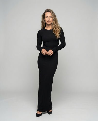 Damen nan körpernahes Jersey-Maxikleid mit Rundhalsausschnitt, langen Ärmeln und minimalistischer Nahtführung R&B