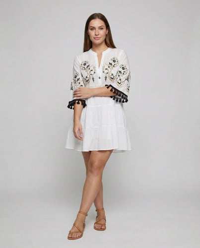 Damen nan kurz geschnittenes Tunika-Kleid mit orientalischer Stickerei, Glockenärmeln und Quastenbesatz R&B