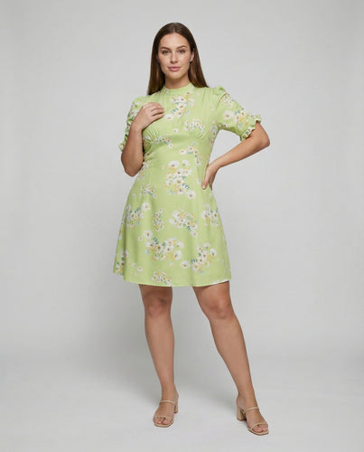 Damen nan kurzes A-Linien-Kleid mit Empire-Taille, gerafftem Unterbrust und Volantärmeln R&B