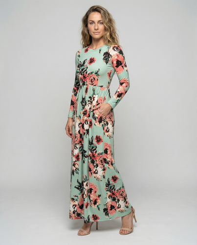 Damen nan langärmeliges floral bedrucktes Maxikleid mit Taillennaht, Eingrifftaschen und weich fallendem Faltenrock R&B