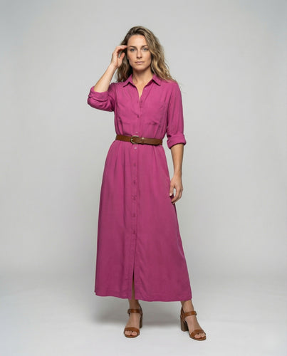 Damen nan langes fließendes Hemdblusenkleid mit dreiviertelärmeln, durchgehender Knopfleiste und geflochtenem Taillengürtel R&B