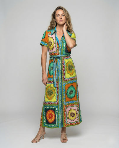 Damen nan langes Hemdblusenkleid mit Taillengürtel, durchgehender Knopfleiste und weitem Seitenschlitz R&B