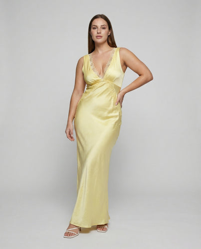 Damen nan langes Satin-Abendkleid im Schrägschnitt mit tiefem Spitzen‑V-Ausschnitt und taillierter Drapierung R&B