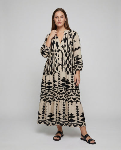 Damen nan langes Tunikakleid mit grafischem Blockprint, V-Ausschnitt, verdeckter Knopfleiste und Ballonärmeln R&B