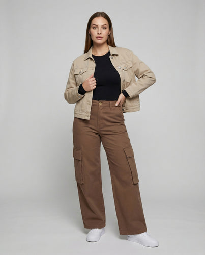 Damen nan lässige Cargohose mit doppellagigen Klappentaschen, Zierknopf-Bund und weitem Bein R&B