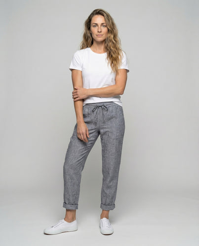 Damen nan lässige Leinenmix-Hose mit Tunnelzug, seitlichen Eingrifftaschen und umgeschlagenem Saum R&B