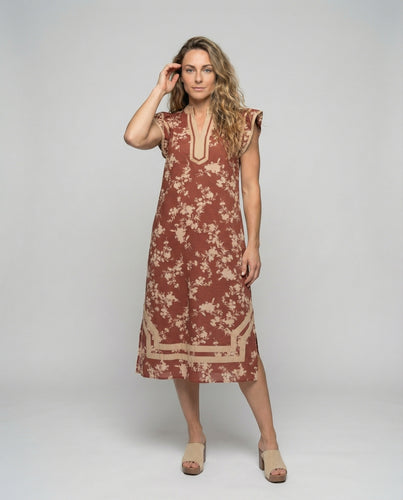 Damen nan leichte Baumwoll-Tunika mit floralem Print, V-Ausschnitt mit Kontrastpaspel und verspielten Volantärmeln R&B