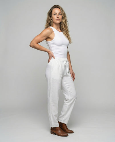Damen nan leichte Freizeithose in Leinenoptik mit elastischem Kordelbund, geradem Bein und Eingrifftaschen R&B