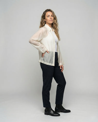 Damen nan leichte transparente Voile-Hemdbluse mit klassischem Kragen und kastiger Silhouette R&B