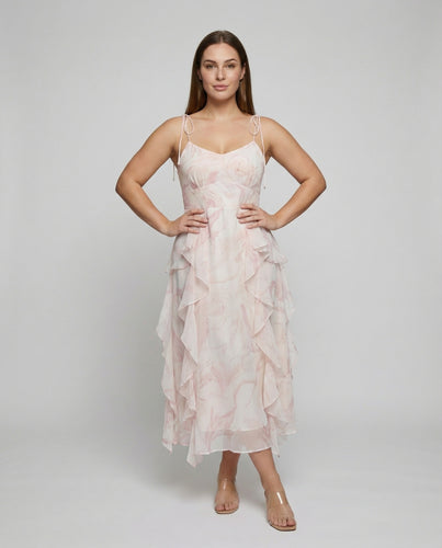 Damen nan leichtes Chiffon-Spaghettiträgerkleid mit taillierter Silhouette und ausgestelltem Tellerrock inkl. Chiffon-Überwurf R&B