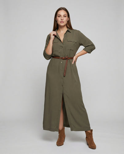 Damen nan leichtes Hemdblusenkleid mit Taillengürtel, V-Ausschnitt und seitlichem Beinschlitz R&B