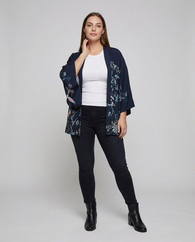 Damen nan leichtes Kimono-Jackett mit floralem Allover-Print, offenem Vorderteil und weiten 3/4-Ärmeln R&B