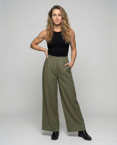 Damen nan Leinen-Marlenehose mit hoher Taille, sichtbarer Knopfleiste und Bundfalten R&B