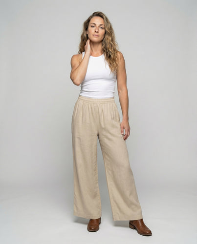 Damen nan lockere Strandhose in Leinenoptik mit elastischem Komfortbund und weitem Bein R&B