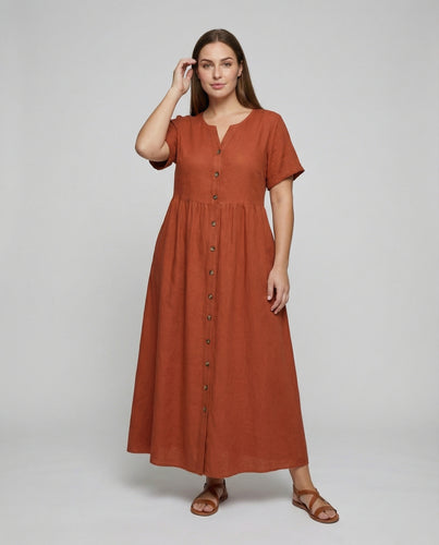 Damen nan luftig-geschnittenes Maxikleid mit durchgehender Holzknopfleiste, tailliertem Passeinsatz und überschnittenen Kurzärmeln R&B