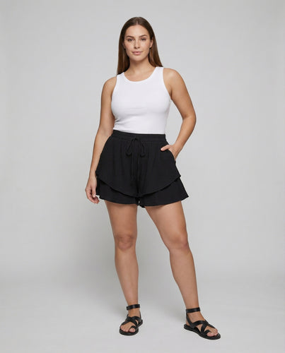Damen nan luftige Krepp-Shorts im Lagenlook mit doppeltem Volant, elastischem Bund und Bindekordel R&B