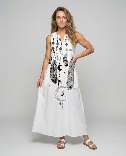 Damen nan luftiges A-Linien-Maxikleid mit V-Ausschnitt Seitentaschen und Mondfedern-Muster R&B