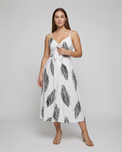 Damen nan luftiges Maxikleid mit Spaghettiträgern, Knotenfront, durchgehender Knopfleiste und auffälligem Federprint R&B