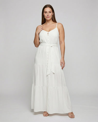 Damen nan luftiges Maxikleid mit V-Ausschnitt, stufigem Volantrock und Taillenband R&B