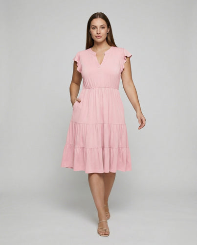 Damen nan luftiges Stufenmidikleid mit V-Ausschnitt tailliertem Gummizug und Eingrifftaschen R&B