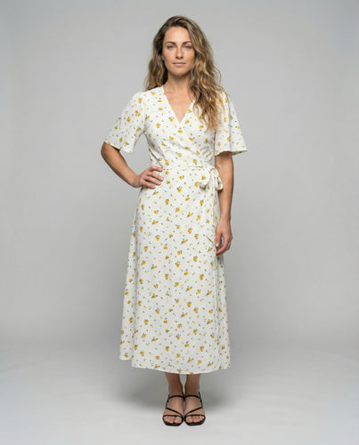 Damen nan luftiges Wickel-Midikleid mit gerafften Puffärmeln und Taillenband R&B