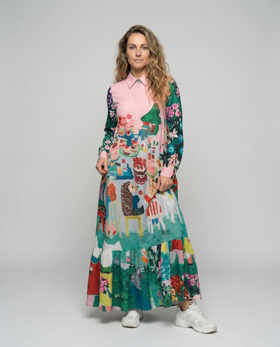 Damen nan Maxikleid im Hemdblusenstil mit großflächigem Tierprint, Hemdkragen und gestuftem Volantrock R&B