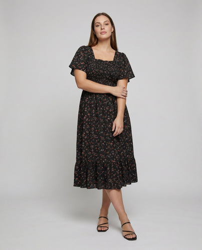 Damen nan Midikleid mit gesmoktem Oberteil, Quadratausschnitt, Puffärmeln und Stufenvolant R&B