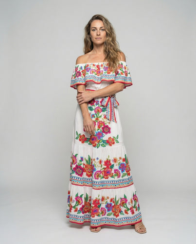 Damen nan Off-Shoulder Maxikleid mit Volantpass, folklorischem Blumenprint und Bindegürtel R&B